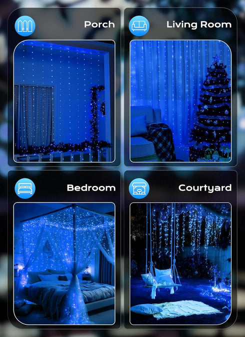 300 9.8ft 9.8ft 8 1 Pack Brightown LED Blue Fairy Curtain Lights, x String Lights, USB Plug in Lighting Modes Christmas