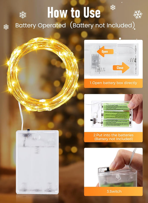 2 Pack 33FT 100 Fairy Lights Battery Operated, LEDs Mini Battery Powered String Lights, Waterproof Copper Wire Twinkle