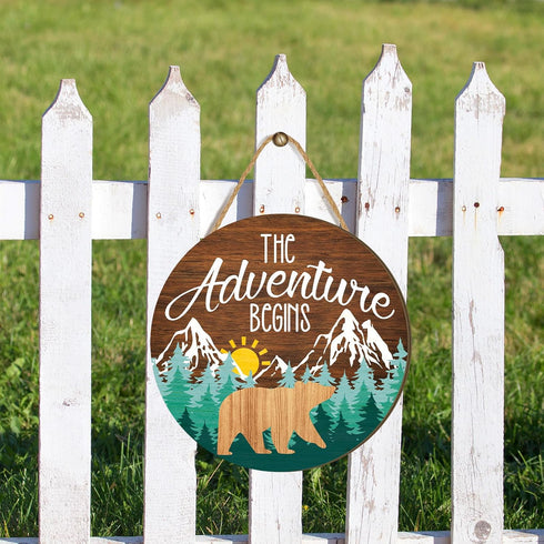 12 12'' Chunful The Adventure Begins Wooden Hanging Sign, x Woodland Nursery Decor, Green Trees Brown Background