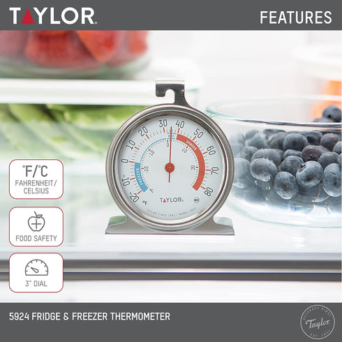 Taylor 5924 Large Dial Kitchen Refrigerator and Freezer Analog Thermometer, 3-Inch Dial, Silver Finish