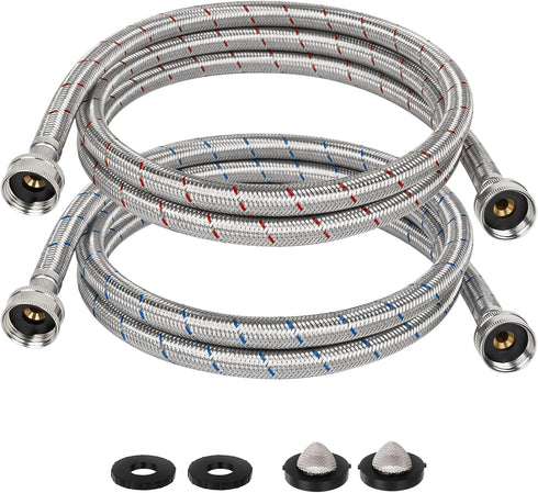 JUWO 6 FT Washing Machine Hoses, 3/4" FHT Stainless Steel Washer Hoses for Short to Moderate-Distance Water Supply, Red