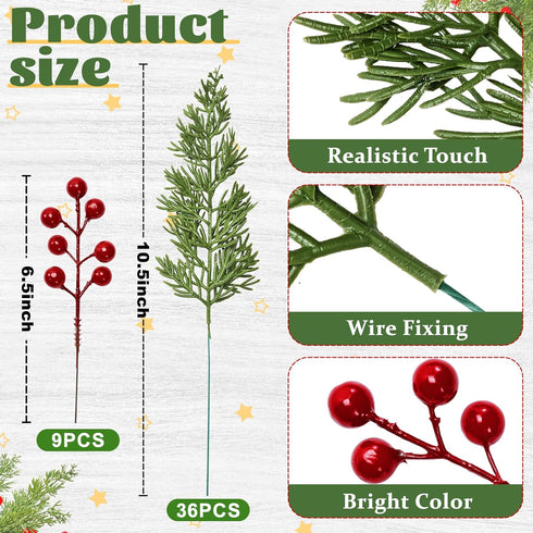 ComfyKit 45Pcs Artificial Pine Branches with Red Berry Stems,Christmas Faux Green Cedar Sprigs Branches,Fake Greenery