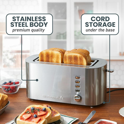 Elite Gourmet ECT4123 Long Slot 4 Slice Toaster, Extra Wide Slots, Bagel, Defrost & Cancel Functions, Stainless Steel