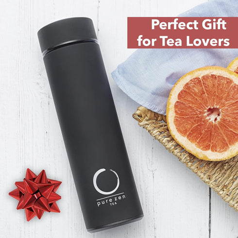 Pure Zen Tea Thermos with Infuser, Stainless Steel Leakproof Travel Mug for Hot and Cold Infusions, 15oz Black