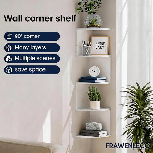 5-Tier Corner Shelf Wall Mount, Screw-Mounted Floating Bookshelf with Enhanced Support, Space-Saving Zigzag Shelf