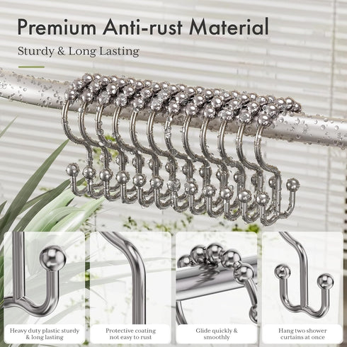 Amazer Shower Curtain Hooks, Plastic Double Shower Curtain Rings for Bathroom Shower Curtain Rod - Set of 12, Nickel