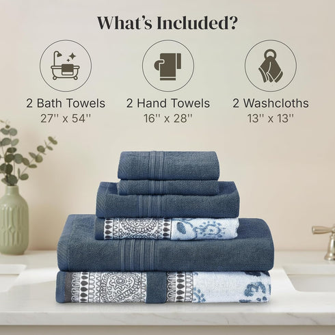6-Piece 100% Set 2 2 2 Modern Threads Floral Trail Cotton Towel Reversible Yarn Dyed Jacquard - Includes Bath Towels