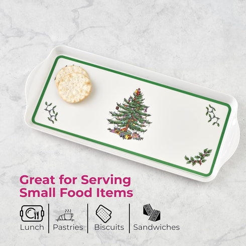 Spode Christmas Tree Sandwich Tray, 15" x 6.5", Decorative Serving Platter for Appetizers, Festive Melamine Dish