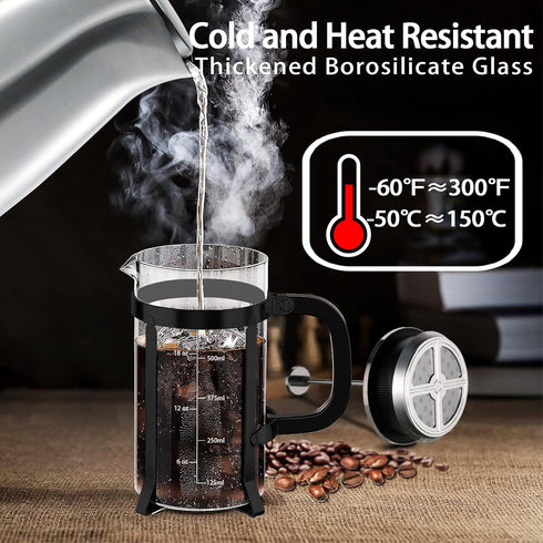 French Press Coffee Maker, 304 Stainless Steel, 4 Filters System, Borosilicate Glass, BPA-Free, Brewed Tea Pot