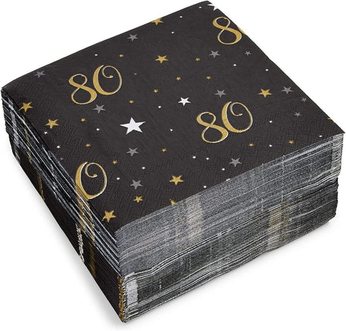 Sparkle and Bash Bulk Happy 80th Birthday Napkins - 2-Ply, Black and Gold, Pack of 100