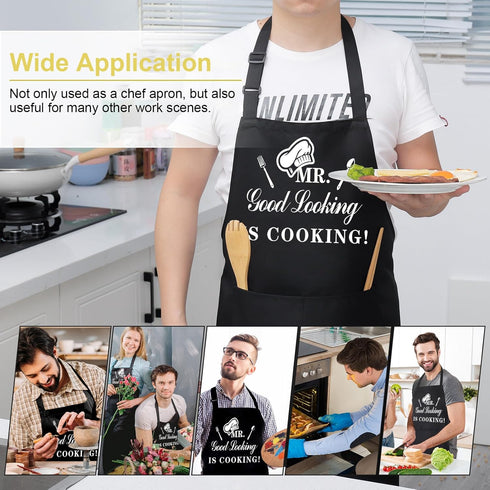 Funny Aprons for Men, MR GOOD LOOKING IS COOKING, Professional Kitchen Chef Bib Apron with Double Pocket