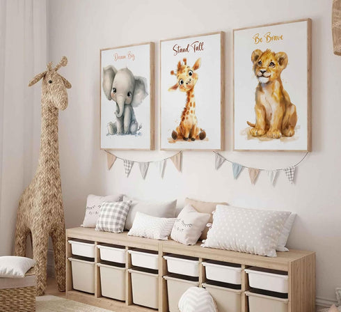 3 Pcs Safari Nursery Canvas Wall Art Kids Cute Inspirational Animal Lion Giraffe Elephant Painting Picture Wall Decor