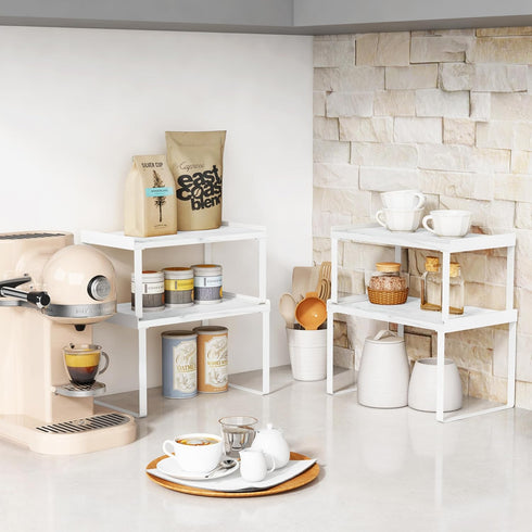 White Marble Kitchen Counter Shelf Organizer, Set of 4 Stackable 2 Tier Risers for Books, Monitor, Cabinet Space