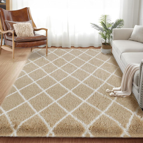 TOOHUB 8X10Feet Fluffy Rug for Bedroom, Stripe Checkered Rug Anti-Skid High Pile for Living Room Bedroom Kids Room