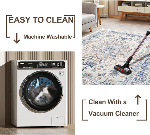 BESTSWEETIE 2x3 Washable Entryway Rug, 2 x 3 Non-Slip Small Kitchen Rugs for Indoor Entrance, Vintage Boho, Beige Blue