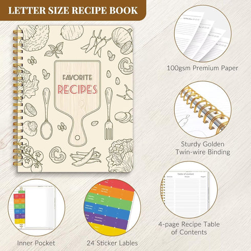 LuBudingJoy Blank Recipe Notebook: Full Page Spiral Hardcover, Holds 140 Recipes (Wood Color)