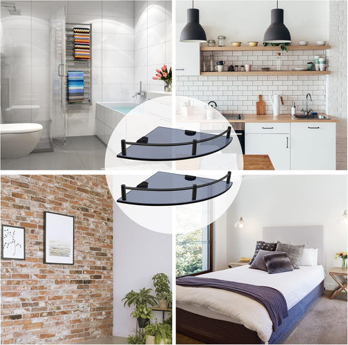 Set 2 Glass Bathroom Shelves - of Corner Shelves with Rail, Floating Glass Shelves for Bathroom, Kitchen, Living Room