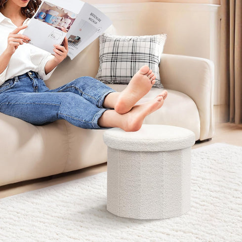 15"x15"x13.2" PINPLUS Round Storage Ottoman Cube Footrest - Versatile Boucle & Faux Teddy Fur Stool with Hidden