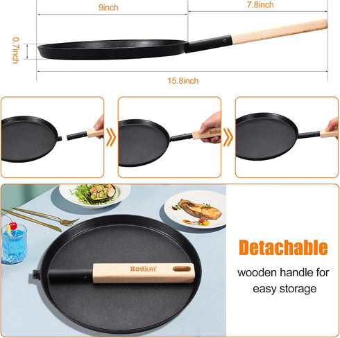 Frying Pan Skillet 8-Inch Flat Griddle Pan, Lightweight Grill Pan with Wooden Handle for Indoor Outdoor Cooking