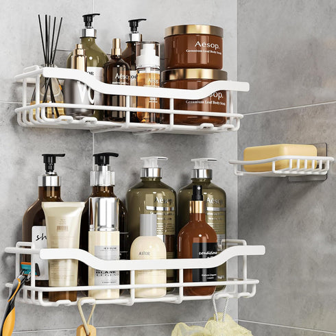 OMAIRA Shower Caddy 3-Pack, Rustproof Adhesive Organizer with Soap Holder, No Drilling Shower Shelves, White