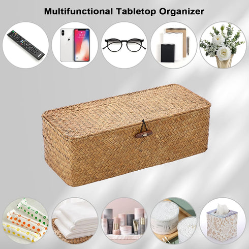 Sumnacon Small Woven Basket for Shelf, Seagrass Storage Basket with Lid for Toiletry, Rectangular, Caramel