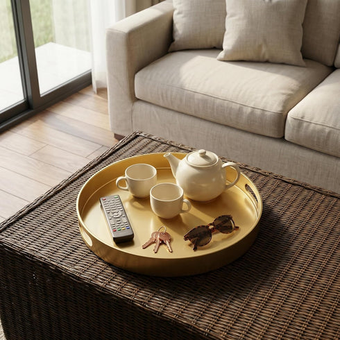 13" Spsyrine Round Gold Decorative Tray, Plastic Serving Table Tray with Handles for Ottoman, Coffee Table, Bathroom
