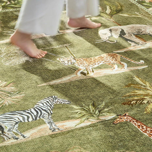 jinchan 5ft 5' Round Rug Green Jungle Animals Print, Machine Washable Circle Modern Soft Non-Slip Forest Plant Throw