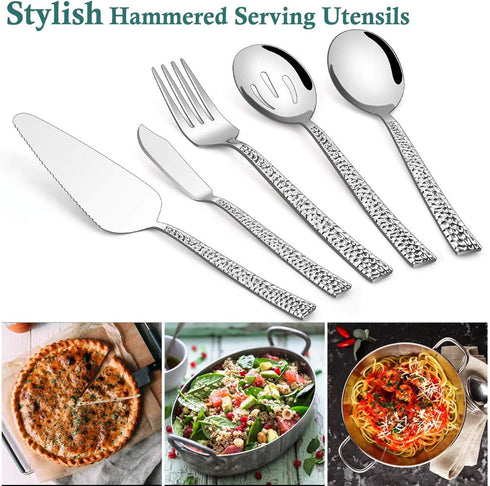 E-far Hammered Serving Utensils, 5-Piece Stainless Steel Square Hostess Serving Set, Mirror Finished & Dishwasher Safe