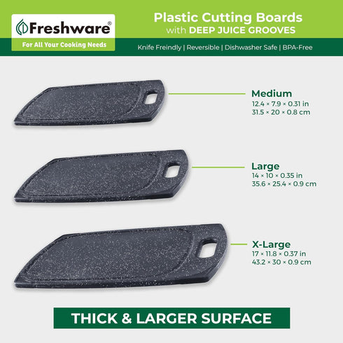 Plastic Cutting Boards Set of 3 for Kitchen, Juice Grooves, Easy Grip Handle, BPA-Free, Non-Porous, Dishwasher Safe
