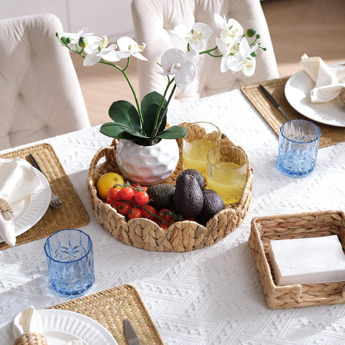 12 inch YANGQIHOME Round Serving Tray, Decorative Water Hyacinth Scalloped Basket Tray with Built-in Handles, Round