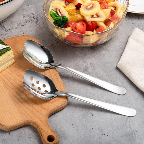 IMEEA Flat Edge Spoon 18/8 Stainless Steel Flat Bottom Serving Spoon for Cooking 8-Inch Slotted Spoon, Set of 2
