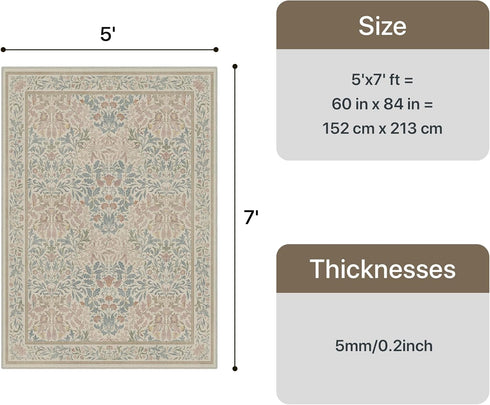 5x7 GENIMO Washable Area Rug, Non-Slip Vintage Boho Floral Carpet, Soft Low-Pile Thin Bedroom Rug for Living Room