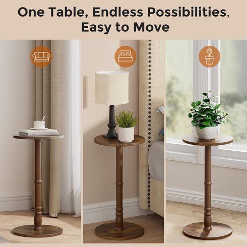 Homleke 12" Round Side Table, Solid Wood Pillar with Wood Top & Base, Small Drink Accent Table for Living Room