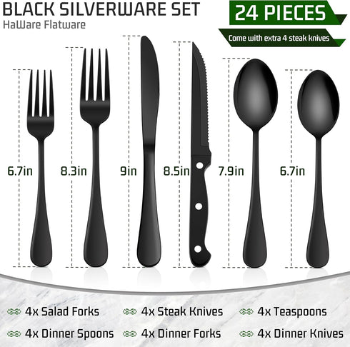 HaWare 24-Piece Black Silverware Set with Steak Knives, Stainless Steel Cutlery Set, Food Grade Flatware Set Service for 4, Mirror Finished Tableware for Home Restaurant, Include Knives, Forks, Spoons by HaWare