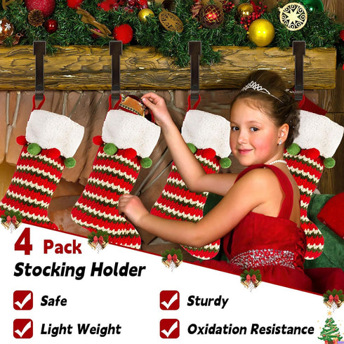 4 Pack Adjustable Christmas Stocking Holders for Mantle | Non-Skid Lightweight Hooks for Fireplace Home Decor