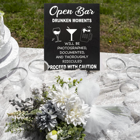 JennyGems Open Bar Hanging Wood Sign | Funny Wedding Reception Decor, Drunken Moments Will Be Photographed