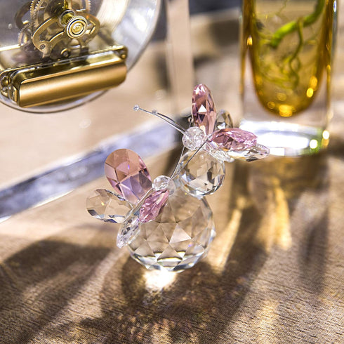 H&D HYALINE & DORA Pink Crystal Cut Double Butterfly Figurine, Handmade Art Glass Collectible Gift, Gift Boxed