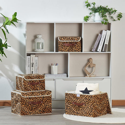 Storage Bin with Lid - Leopard Print Cute Velvet Fabric Basket Box with Faux Leather Handles, Foldable Organizer (Small