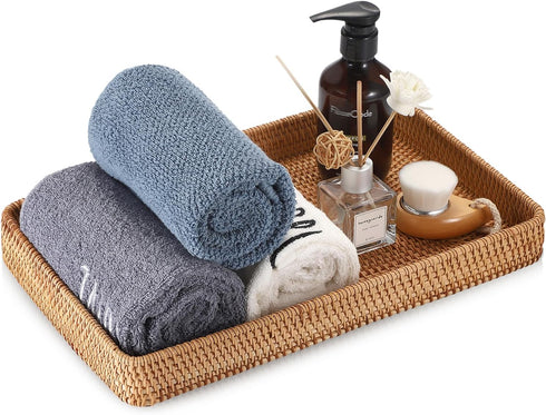 Hipiwe Decor,14.8"x 9.0"x1.8" Rattan Serving Tray Large Wicker Storage Basket Tray for Organizing Rectangular