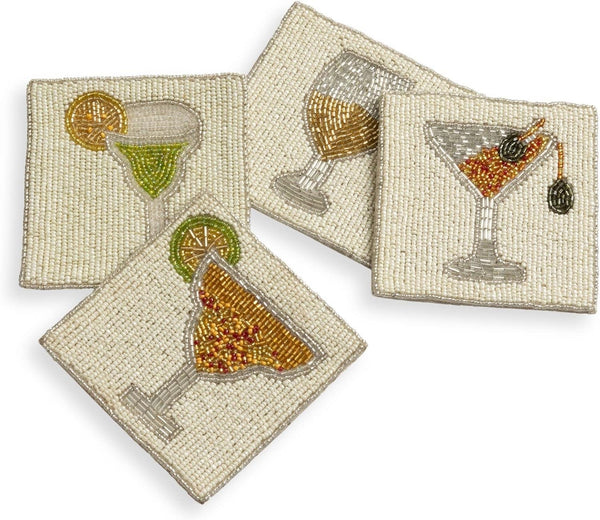 Folkulture Coasters Set of 4 (4")| Beaded Cocktail Handmade Square Drink Coasters