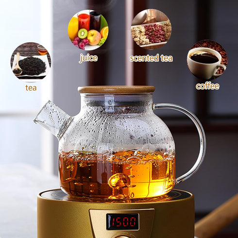 Glass Teapot Stovetop 34 OZ/1000ml, Borosilicate Clear Kettle with Bamboo Lid, Removable Stainless Steel Infuser