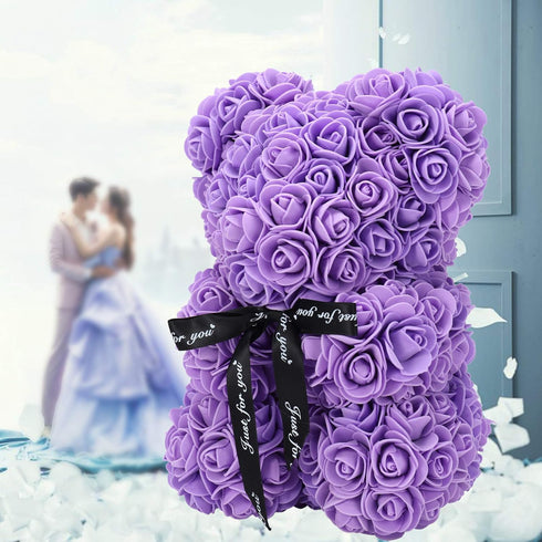 LINKLO Rose Bear, 10 inch Artificial Rose Flower Bear Gift for Wedding, Mothers Day, Anniversary (Purple)