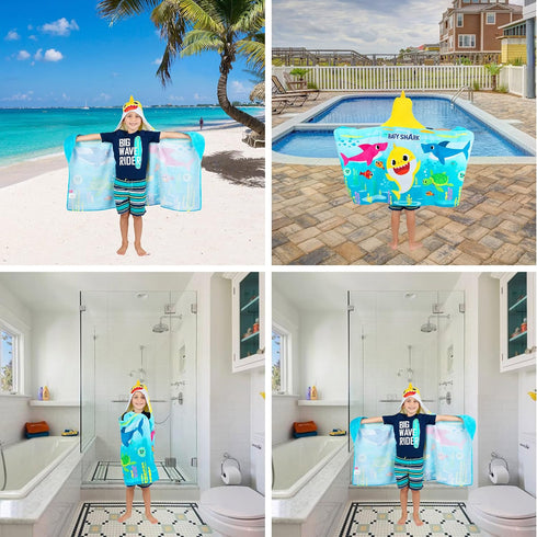 Franco Baby Shark Soft Cotton Terry Hooded Towel Wrap, 24 in x 50 in, Kids Bath/Pool/Beach