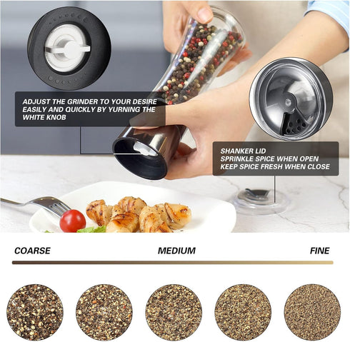 VEVOK CHEF Salt and Pepper Grinder Set Stainless Steel Black Salt and Pepper Mill with Adjustable Coarseness Salt Shaker Set Spice Grinder Black Pepper Grinder Refillable Home Kitchen by VEVOK CHEF