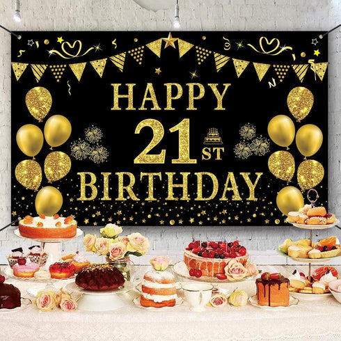Trgowaul 21st Birthday Decorations for Her Him, Black Gold 21st Birthday Backdrop Banner, Party Supplies Photography