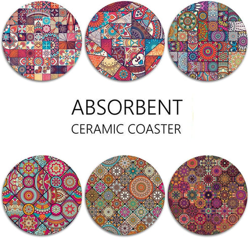 Set 6, Britimes Coaster for Drinks of Vintage Ottoman Flower Mexican Mandala Table Absorbent Round Ceramic Stone Mat