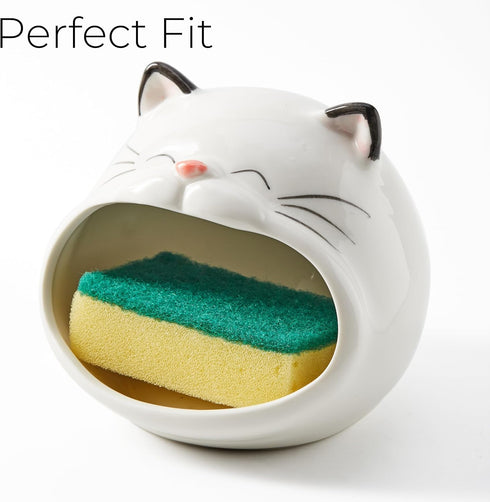 FAQQI Ceramic Cat Sponge Holder for Kitchen Sink Cute Sponge Holder and Novelty Kitchen Gadgets Unique Kitchen Items