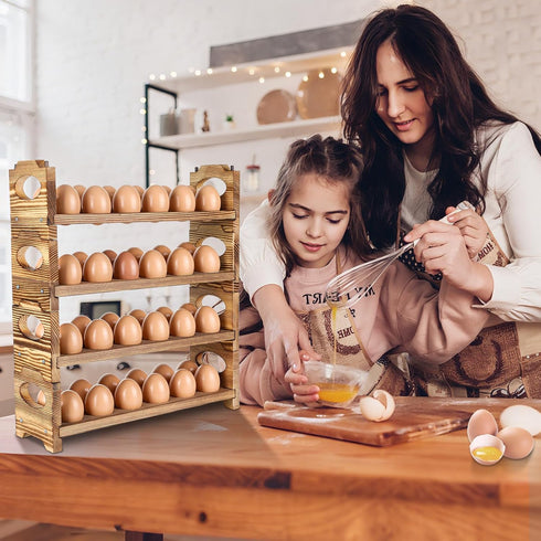 4 Layers/48-Hole, Countertop Wooden Egg Holder with Stackable Wood Egg Rack with Handle, Stores