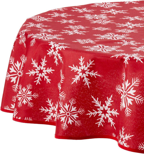Violet Linen Red Tablecloths, Decorative Christmas Snowflakes Design - 60" Round