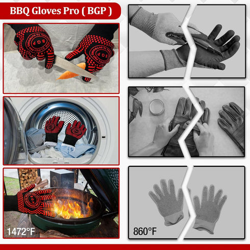 Red BBQ Gloves, 1472°F Heat Resistant, 13.4-Inch Non-Slip Silicone Kitchen Safety Gloves for Cooking and Grilling